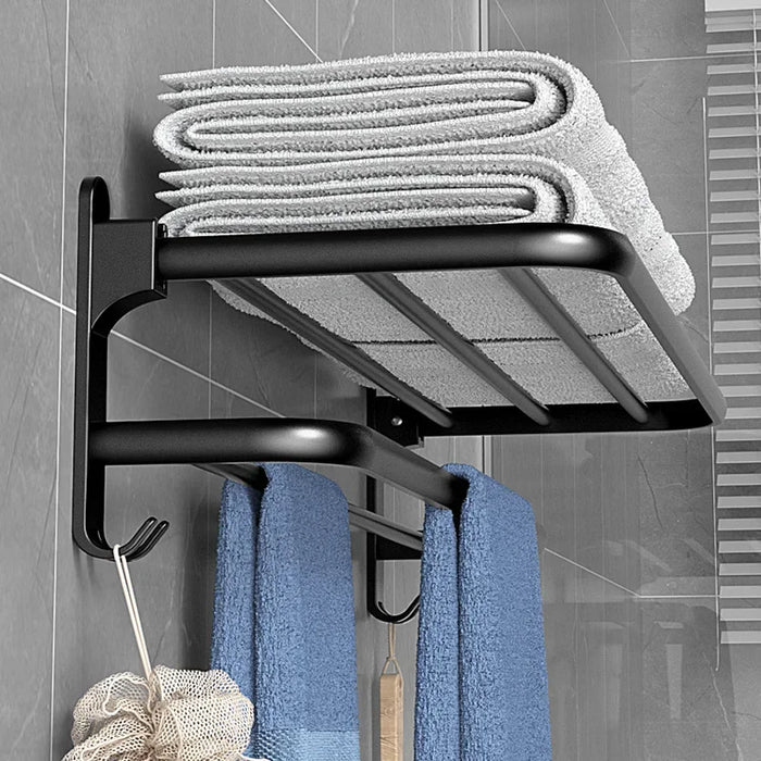 Towel Rack 40-60CM Bathroom Accessories Black Aluminum Wall Mounted Towel Shelf Organizer Folding Holder With Hook Shower Hanger