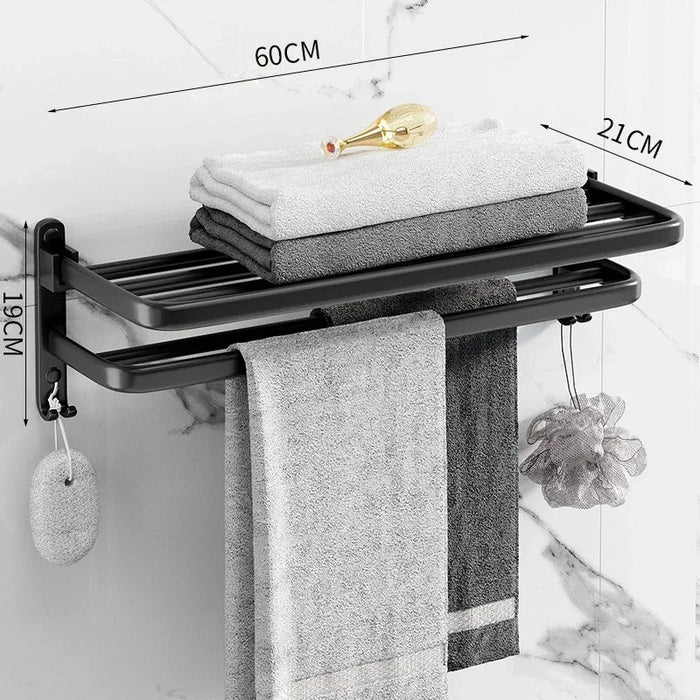 Towel Rack 40-60CM Bathroom Accessories Black Aluminum Wall Mounted Towel Shelf Organizer Folding Holder With Hook Shower Hanger