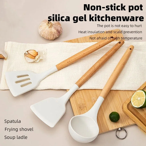 3-Piece Silicone Kitchen Utensil Set with Wooden Handles